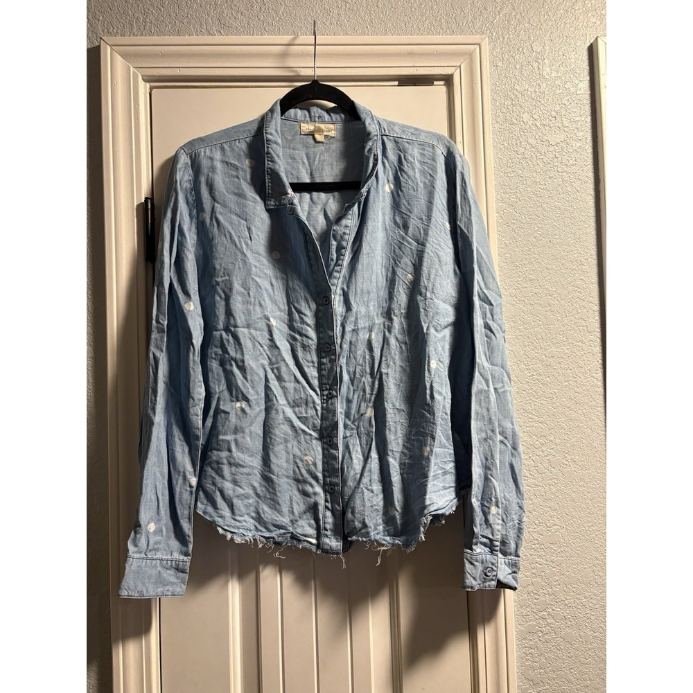 Cloth & Stone Button Down Shirt Womens L Blue Polka Dot Frayed Hem C1824-140-018
